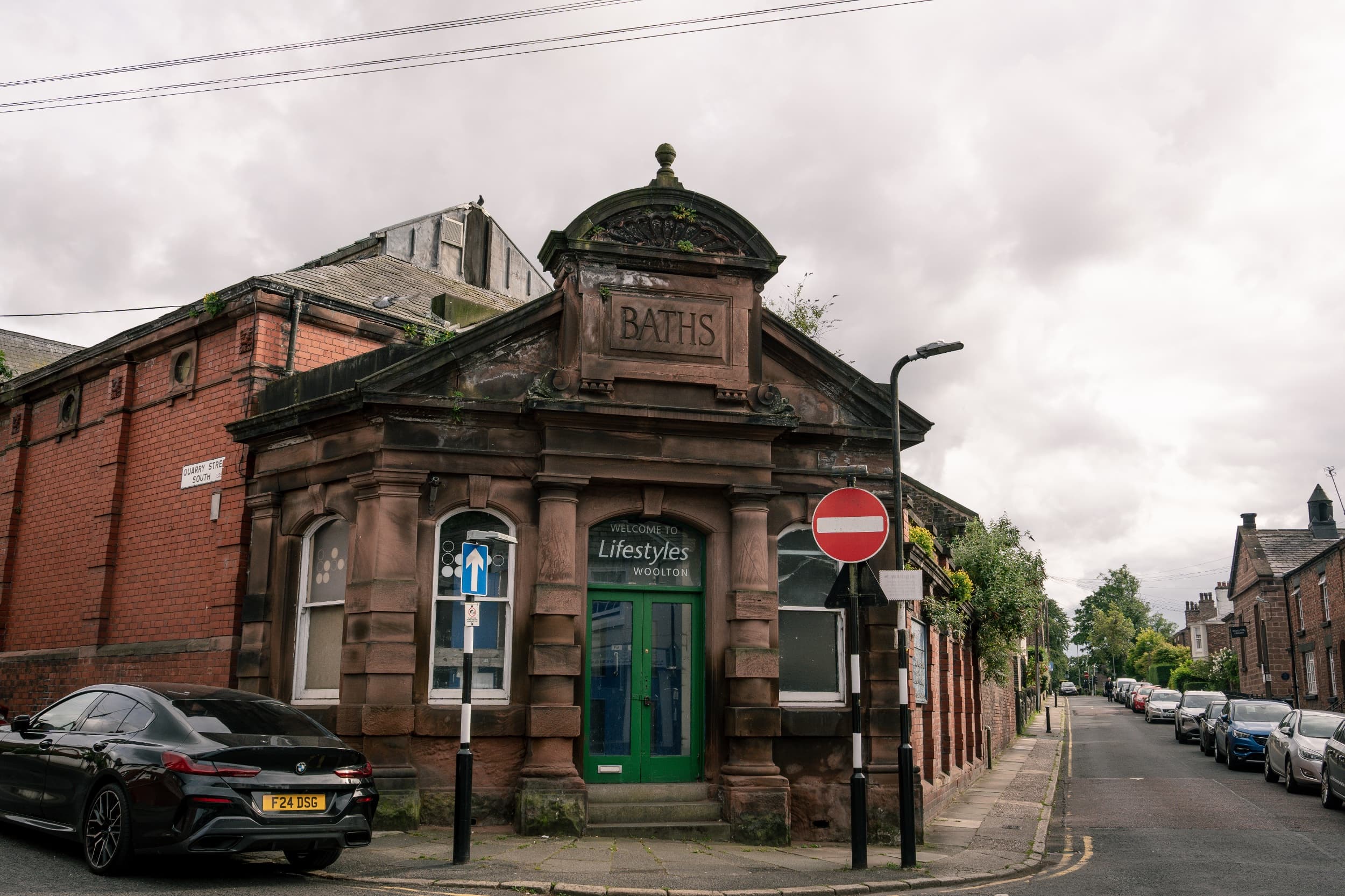The historic exterior of Woolton Baths